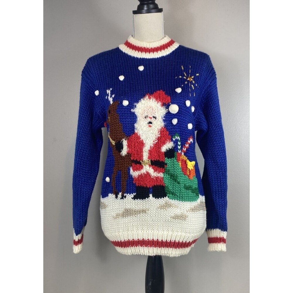 VTG Evian II Hand Knitted UGLY CHRISTMAS SWEATER Womens Sz L Santa Tree Reindeer